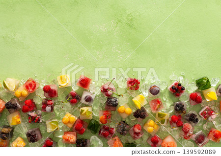 Green background with ice cubes with frozen berries and fruits and mint Green background with ice cubes with frozen berries and fruits and mint 139592089