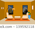 interior living room orange brown color wall night scene city view with armchair, lamp and carpet. no people background. house and renovation concept. vector illustration 139592118
