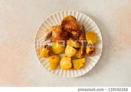A delicious plate showcases a portion of baked rabbit alongside tender, golden roasted potatoes. The rabbit appears well-seasoned, with a crispy skin, while the potatoes are perfectly cooked A delicious plate showcases a portion of baked rabbit alongside tender, golden roasted potatoes. The rabbit appears well-seasoned, with a crispy skin, while the potatoes are perfectly cooked 139592268