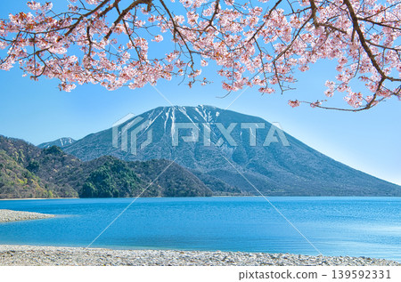 A view of cherry blossoms in full bloom, Mount Nantai, and Lake Chuzenji from Senjugahama Beach in Nikko City, Tochigi Prefecture. A view of cherry blossoms in full bloom, Mount Nantai, and Lake Chuzenji from Senjugahama Beach in Nikko City, Tochigi Prefecture. 139592331