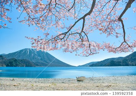 A view of cherry blossoms in full bloom, Mount Nantai, and Lake Chuzenji from Senjugahama Beach in Nikko City, Tochigi Prefecture. A view of cherry blossoms in full bloom, Mount Nantai, and Lake Chuzenji from Senjugahama Beach in Nikko City, Tochigi Prefecture. 139592358