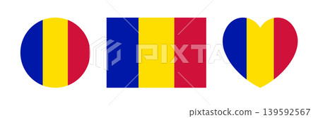Andorra civil flag and ensign sticker, background. Set of Flag of Andorra heart, rectangle, circle badge, button. Andorra flag round, rectangular, heart banner, icon. 139592567