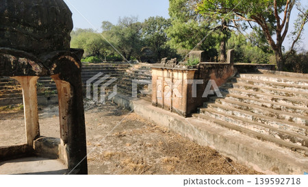 Historic pond structure surrounded by trees in Tilla Jogian pakistan Historic pond structure surrounded by trees in Tilla Jogian pakistan 139592718