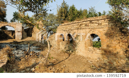 Historic Tilla Jogian ruins surrounded by dry forest landscape Historic Tilla Jogian ruins surrounded by dry forest landscape 139592719