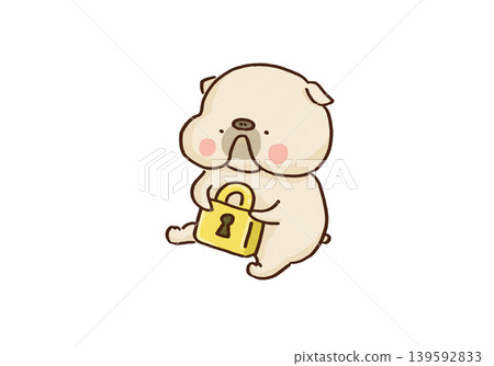 一隻鬥牛犬坐著,嘴裡叼著一把大掛鎖。 一隻鬥牛犬坐著,嘴裡叼著一把大掛鎖。 139592833