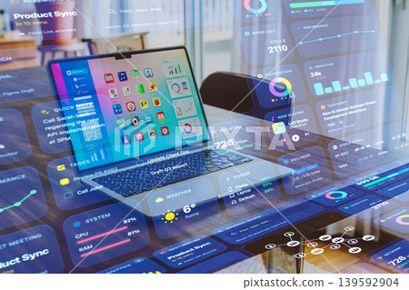 Laptop on a wooden table 139592904