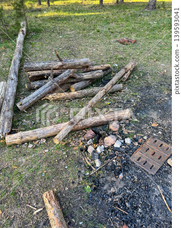 Scattered firewood next to a burnt-out campfire in the forest, a camping and barbecue scene in nature Scattered firewood next to a burnt-out campfire in the forest, a camping and barbecue scene in nature 139593041