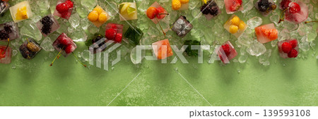 Green background with ice cubes with frozen berries and fruits and mint, banner Green background with ice cubes with frozen berries and fruits and mint, banner 139593108