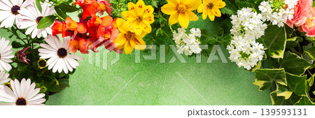 A beautiful collection of spring flowers decorates a balcony or terrace, creating a lively and cheerful atmosphere. Various colors and types of flowers bring joy to the space., banner A beautiful collection of spring flowers decorates a balcony or terrace, creating a lively and cheerful atmosphere. Various colors and types of flowers bring joy to the space., banner 139593131