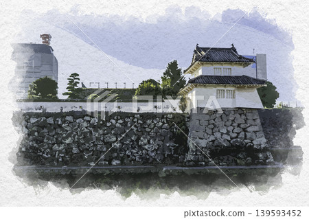 Watercolor style painting of the hostage tower at Funai Castle in Oita Prefecture, Oita City. Watercolor style painting of the hostage tower at Funai Castle in Oita Prefecture, Oita City. 139593452