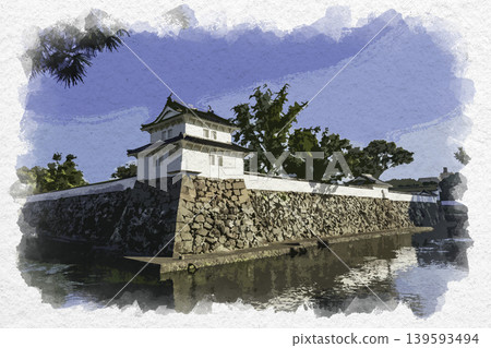 大分縣大分市船井城西之丸角樓的水彩風格繪畫。 139593494