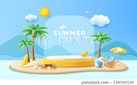 Summer holiday podium display on sand beach, coconut trees, paper cut concept design 139593530