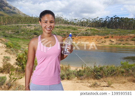 Woman, water bottle and portrait, running and nature with fitness and health, hydration and wellness. Sports, runner by dam or lake, environment and athlete with liquid, h2o and workout outdoor Woman, water bottle and portrait, running and nature with fitness and health, hydration and wellness. Sports, runner by dam or lake, environment and athlete with liquid, h2o and workout outdoor 139593581