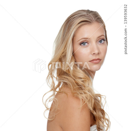 Woman, portrait and beauty with cosmetics in studio for hair care, salon treatment and shampoo shine. Model, person and mock up space with skincare, collagen texture and hairstyle on white background Woman, portrait and beauty with cosmetics in studio for hair care, salon treatment and shampoo shine. Model, person and mock up space with skincare, collagen texture and hairstyle on white background 139593632