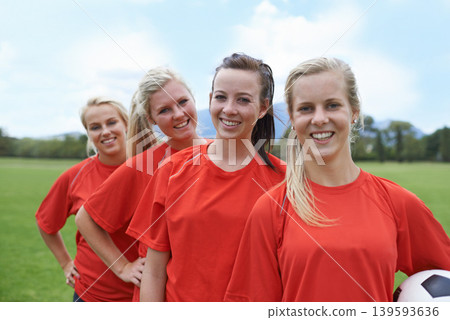 Girls, players and portrait with soccer ball, confident and football field for match, competition or game. Young, practice or happy for training, outdoor or exercise for athlete, women and sport Girls, players and portrait with soccer ball, confident and football field for match, competition or game. Young, practice or happy for training, outdoor or exercise for athlete, women and sport 139593636