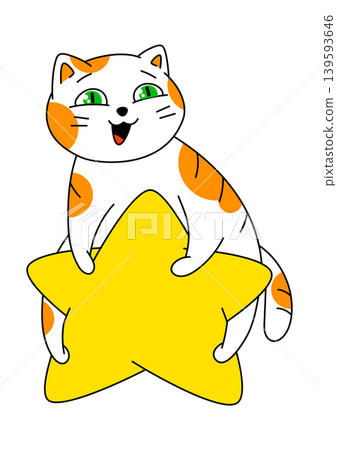 Happy cat sits on a star. Cartoon illustration of cute kitten pet. 139593646