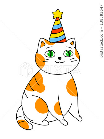 Festive cat sits in a cap. Cartoon illustration of cute kitten pet. Festive cat sits in a cap. Cartoon illustration of cute kitten pet. 139593647