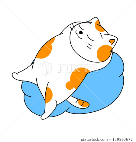 Happy cat sleeps on cloud. Cartoon illustration of cute kitten pet. 139593672