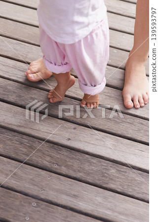 Parent, baby and feet for walking help, bonding and child care with parenting and youth. Family, support and young kid with newborn, holding and barefoot with trust, toddler and relax with steps 139593797