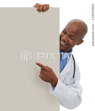 Doctor, poster and happy black man point at clinic promo, hospital notification or service announcement. Mockup studio space, healthcare sign and African surgeon with blank banner on white background Doctor, poster and happy black man point at clinic promo, hospital notification or service announcement. Mockup studio space, healthcare sign and African surgeon with blank banner on white background 139593801