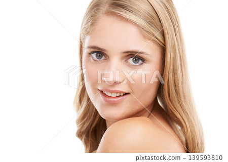 Woman, portrait and smile in studio with beauty, confidence and pride for cosmetic treatment or glow. Model, person or face or happy for haircare or cheerful with mock up space on white background 139593810