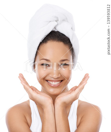 Happy woman, portrait and face in beauty spa, skincare or facial treatment against a white studio background. Female person or model smile in relax for hygiene, cosmetology or dermatology in salon 139593812