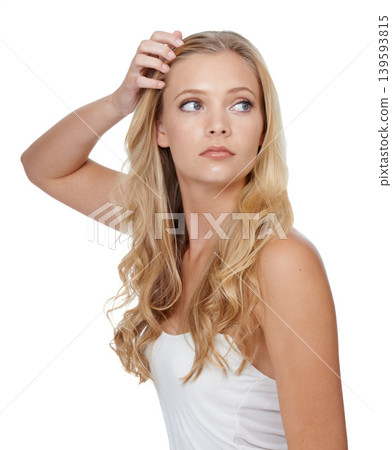 Woman, thinking and beauty with hair care in studio for cosmetics, keratin treatment and shampoo shine. Model, person and confidence with skincare, collagen texture and hairstyle on white background 139593815