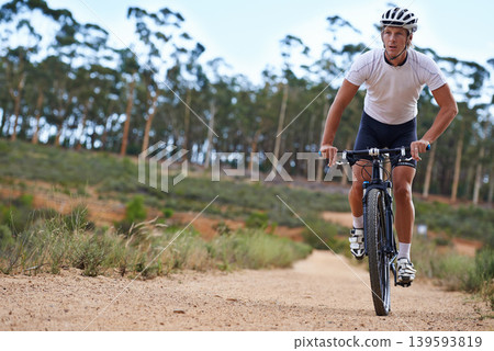 Man, mountain bike and cycling in forest for fitness sports or outdoor, exercise or athlete. Male person, transportation and off road terrain for countryside training or health, workout or adventure Man, mountain bike and cycling in forest for fitness sports or outdoor, exercise or athlete. Male person, transportation and off road terrain for countryside training or health, workout or adventure 139593819