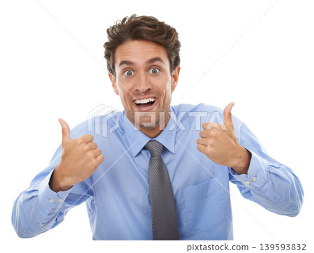Happy businessman, portrait and thumbs up for winning, good job or thank you against a white studio background. Face of excited male person smile with like emoji, yes sign or OK in business promotion Happy businessman, portrait and thumbs up for winning, good job or thank you against a white studio background. Face of excited male person smile with like emoji, yes sign or OK in business promotion 139593832