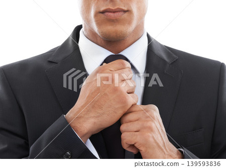 Business man, hands and fixing tie in studio, corporate fashion and preparation for job interview. Male professional, closeup and formal clothing or lawyer by white background, suit and confidence Business man, hands and fixing tie in studio, corporate fashion and preparation for job interview. Male professional, closeup and formal clothing or lawyer by white background, suit and confidence 139593836