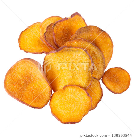 Crispy roasted sweet potato chips with sea salt, isolated on white background. Healthy and crunchy natural vegetable snack. Clipping path. Crispy roasted sweet potato chips with sea salt, isolated on white background. Healthy and crunchy natural vegetable snack. Clipping path. 139593844