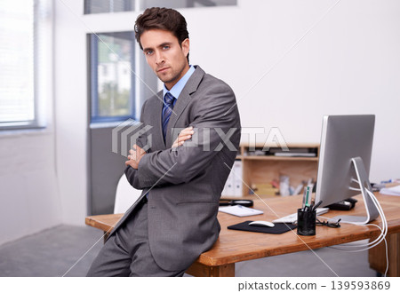 Portrait of businessman at desk with confidence, arms crossed and career in legal inspection at law firm. Attorney, lawyer or business man with modern office job as quality assurance professional. Portrait of businessman at desk with confidence, arms crossed and career in legal inspection at law firm. Attorney, lawyer or business man with modern office job as quality assurance professional. 139593869
