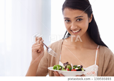 Happy woman, portrait and salad bowl for diet, nutrition or health with natural snack at home. Face of female person smile for mixed vegetables, vitamins or eating meal in weight loss or breakfast 139593893