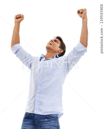 Business man, winner and yes for success, celebration or achievement with startup, bonus or news in studio. Excited worker or professional winner with fist and winning or goals on a white background Business man, winner and yes for success, celebration or achievement with startup, bonus or news in studio. Excited worker or professional winner with fist and winning or goals on a white background 139593908