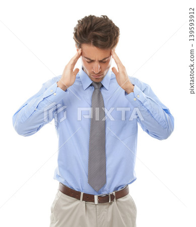 Business man, headache and stress in studio for burnout, pain and doubt mistake, vertigo and disaster on white background. Frustrated worker with brain fog, crisis and challenge of debt, fail or risk 139593912