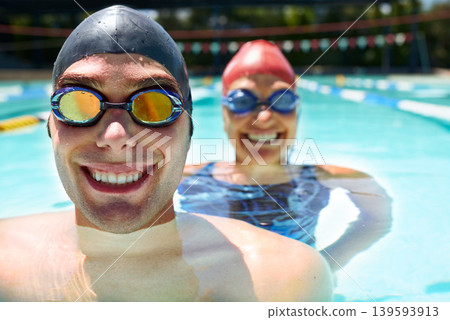 Friends, portrait or people in swimming pool for sports training, workout or teamwork for fitness. Happy, swimmers or athletes in exercise together for development, health or wellness with smile 139593913