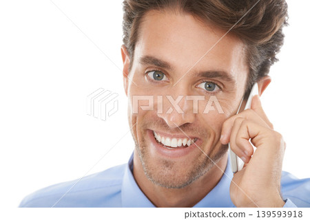 Happy businessman, portrait and phone call for communication or conversation on a white studio background. Closeup of man or employee face smile on mobile smartphone for business discussion on mockup Happy businessman, portrait and phone call for communication or conversation on a white studio background. Closeup of man or employee face smile on mobile smartphone for business discussion on mockup 139593918