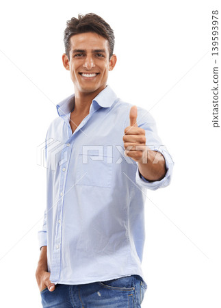 Happy man, thumbs up and success in studio for achievement, support and like emoji or yes hands. Portrait of creative person or model with good feedback and vote or okay emoji on a white background 139593978