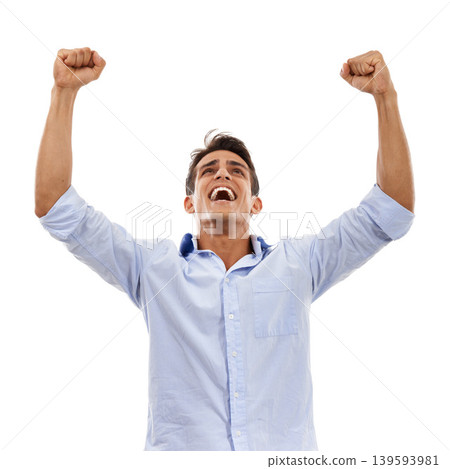 Professional man, winning and yes for success, celebration or achievement with startup, bonus or news in studio. Excited worker or business person with fist, power and goals on a white background Professional man, winning and yes for success, celebration or achievement with startup, bonus or news in studio. Excited worker or business person with fist, power and goals on a white background 139593981