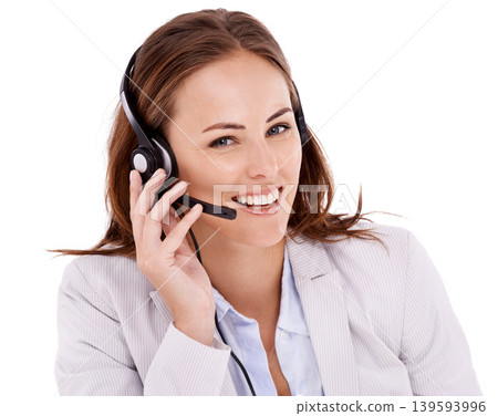 Woman in portrait, callcenter and headset for phone call with communication, telecom and CRM on white background. Customer service, telemarketing and help desk agent in studio for tech support 139593996