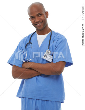Man, portrait and surgeon in studio with arms crossed for healthcare services, medicine and consulting on white background. Happy african doctor, professional medical employee and working with pride Man, portrait and surgeon in studio with arms crossed for healthcare services, medicine and consulting on white background. Happy african doctor, professional medical employee and working with pride 139594019