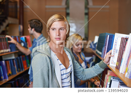 Thinking, book or student in library to search at university, college or school campus for future education. Bookshelf, learning or person with scholarship studying knowledge, research or information 139594020