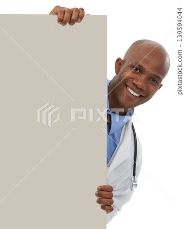 Doctor, poster and portrait of happy black man with commercial info, hospital notification or clinic services. Mockup space, billboard and African nurse with studio presentation on white background Doctor, poster and portrait of happy black man with commercial info, hospital notification or clinic services. Mockup space, billboard and African nurse with studio presentation on white background 139594044