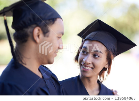 Couple, graduation with education and academic success with ceremony outdoor at university. Certification, achievement and event at college with happy people together for milestone and award Couple, graduation with education and academic success with ceremony outdoor at university. Certification, achievement and event at college with happy people together for milestone and award 139594063