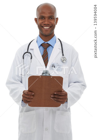 Happy man, portrait or doctor in studio with clipboard, admin notes or healthcare information on white background. African medical worker, paperwork and insurance report, planning checklist or script Happy man, portrait or doctor in studio with clipboard, admin notes or healthcare information on white background. African medical worker, paperwork and insurance report, planning checklist or script 139594084