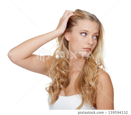Woman, thinking and beauty with shampoo in studio for hair care, keratin treatment and cosmetics shine. Model, person and confidence with skincare, collagen texture and hairstyle on white background Woman, thinking and beauty with shampoo in studio for hair care, keratin treatment and cosmetics shine. Model, person and confidence with skincare, collagen texture and hairstyle on white background 139594132