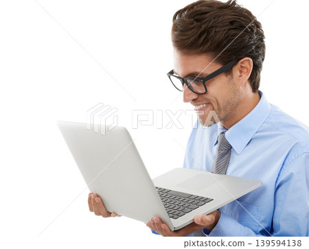 Happy businessman, laptop and reading email, social media or networking on a white studio background. Man, employee or nerd with computer for communication, research or online search on mockup space 139594138