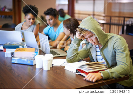 Classroom, students and high school group with studying, people and books for development at academy. Teenager friends, reading and learning with thinking, scholarship and education for assessment 139594245