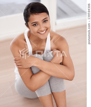 Portrait, fitness and smile of woman on the floor for exercise, yoga or pilates. Happy, healthy body and a young person at home for physical activity, holistic wellness or relax in top view in Brazil 139594306