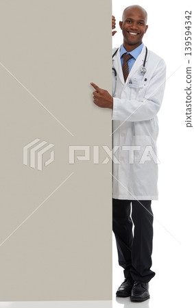 Placard, black man and portrait of doctor point at poster mockup, hospital services or health information. Studio space, cardboard banner and healthcare worker for medical support on white background 139594342